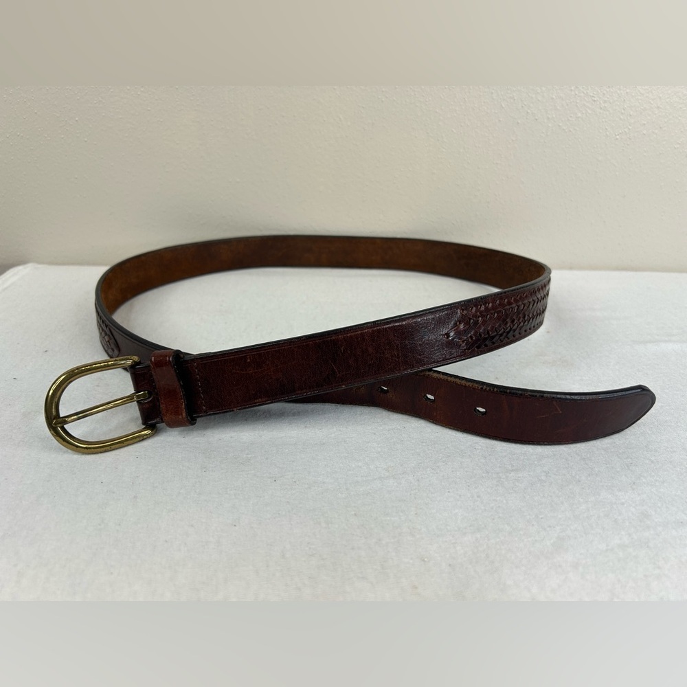 Vintage Brown Leather Belt with Brass Buckle Braided Accent Size 36/38 Mens - Picture 2 of 12